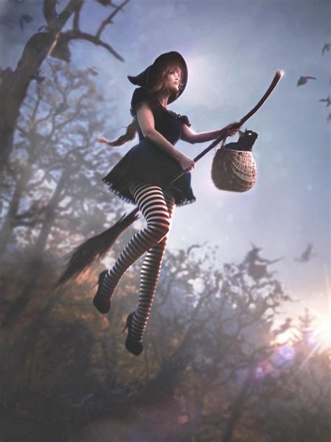 Witch soaring on a broom at a hardware store